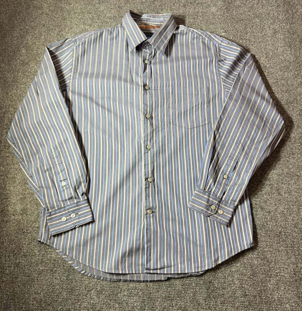 Perry Ellis Button Down Shirt Size L Blue Striped Cotton
